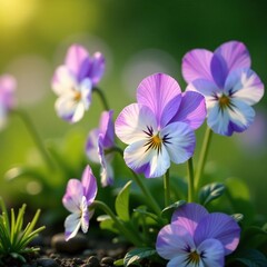 Dainty violas in a wildflower meadow amidst greenery, nature, delicate petals, natural scenery