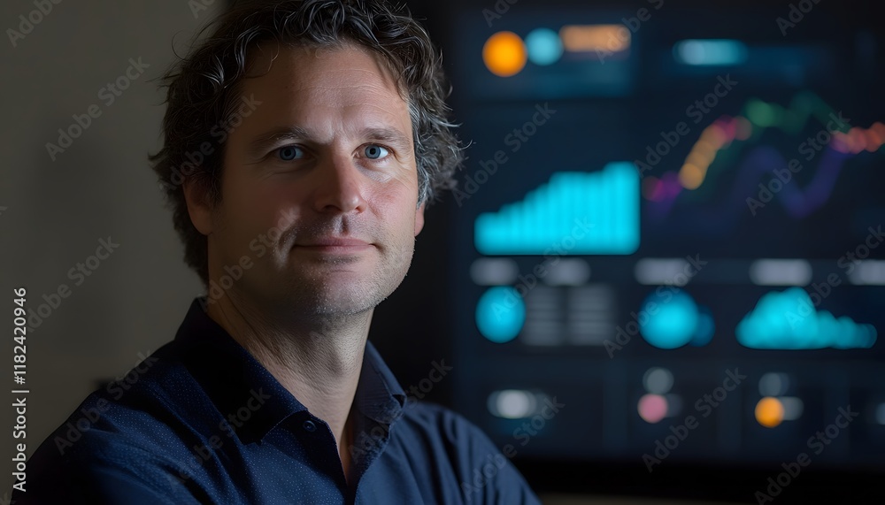 Poster a professional man poses confidently in front of a digital screen displaying data visualizations and