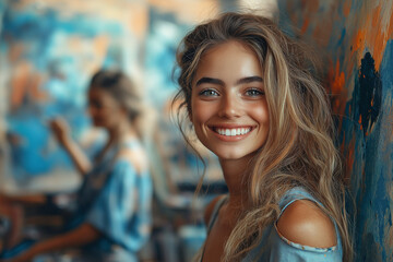 Fototapeta premium Radiant Artist: A captivating portrait of a smiling woman with long blonde hair, set against a vibrant, blurred background of an art studio.