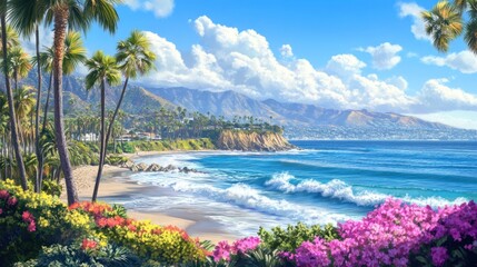 Sunny coastal beach scene with palm trees, mountains, and flowers