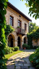Fototapeta premium Edificio antiguo en la Toscana con un jard?n y un estanque, antiguo, jard?n