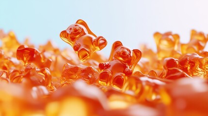 Two translucent orange gummy bears leap joyfully above a pile of their brethren. Ideal for candy advertisements or playful food-themed projects.