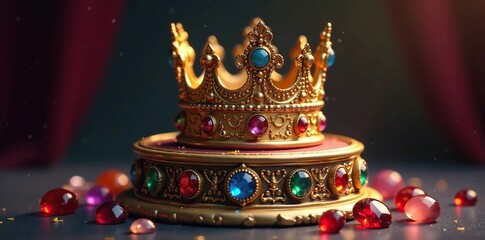 Ornate pedestal with golden crown and surrounding gemstones, majestic, ornate, kingship
