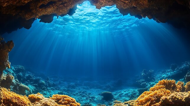 Sunbeams Illuminate Underwater Cave Coral Reef Scene