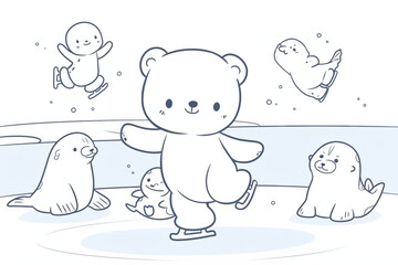 Obraz premium playful polar bear ice skating with cheerful seals in whimsical scene