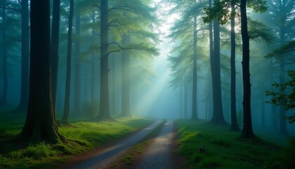 Obraz premium Sunbeams pierce the misty forest, illuminating a path through tall trees. Serene and magical atmosphere.