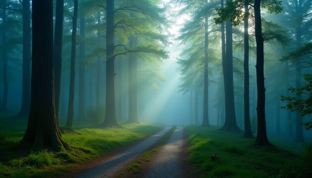 Sunbeams pierce the misty forest, illuminating a path through tall trees. Serene and magical atmosphere.