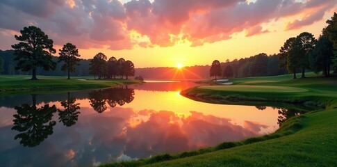 Fototapeta premium Serene lake reflected in a golf course at sunrise, serene lakeside, peaceful