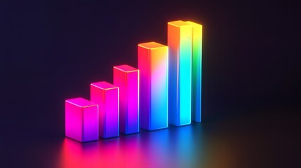 A vibrant, colorful graph represented by glowing bars of various heights against a dark background, symbolizing growth, progress, and innovation in data visualization.