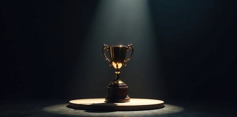 Trophy in spotlight shining bright on glowing black stage, achievement, illuminated, dark background