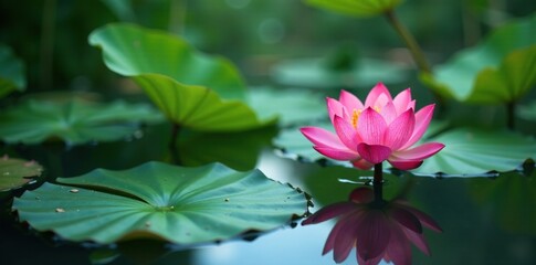 Lotus leaves and stems submerged in a shallow pool of water holding a lantern above, stems, reflection