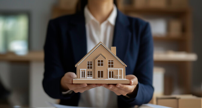 Real estate woman presentation a 3D house model during a real estate investment meeting in a professional office setting. - Powered by Adobe