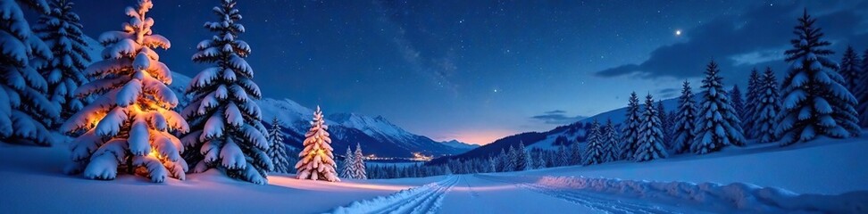 Fototapeta premium Snow-covered trees and twinkling lights shine in the clear night sky, snowcovered, snowy, light
