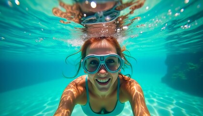 Smiling woman underwater, wearing a diving mask, enjoying a refreshing swim in crystal-clear turquoise water.