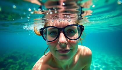 Naklejka premium Woman with glasses underwater, turquoise water, summer vibes.