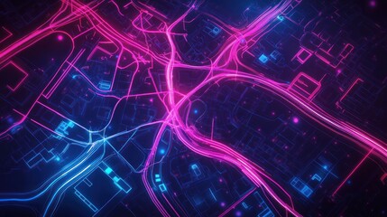 Obraz premium Abstract city map with glowing neon lines.