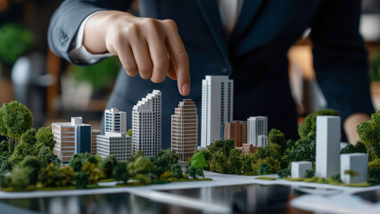 A business professional showcases an architectural model highlighting urban development and real estate planning in a modern office, innovative urban development strategies for future cities.