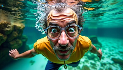 Fototapeta premium Man with glasses underwater, surprised expression. Clear, turquoise water, playful mood.