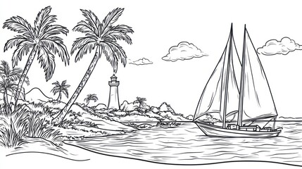 Tropical Island Seascape with Sailboat and Lighthouse