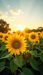 Obraz premium Field of sunflowers with sunbeams filtering through, warm, field