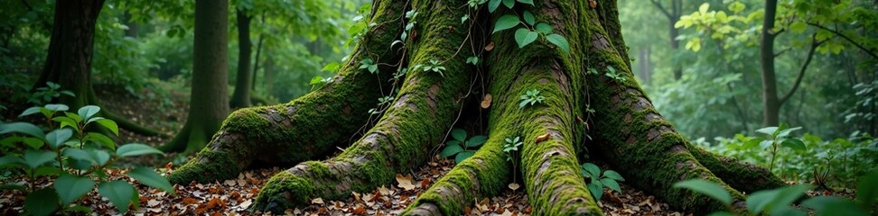 Fototapeta premium Vines and moss entwining an ancient tree trunk, decaying, forest