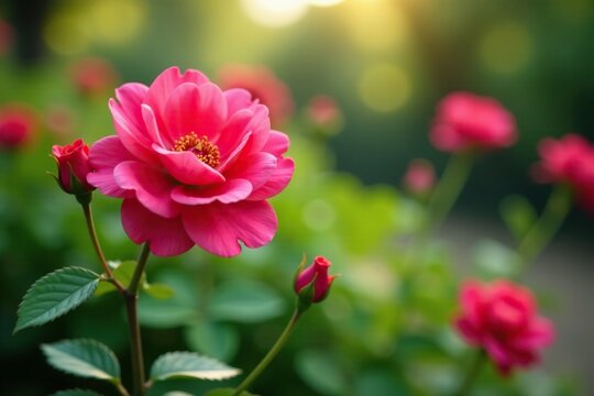 Rosa de primavera con flores rojas cerca del suelo, flor, cereza