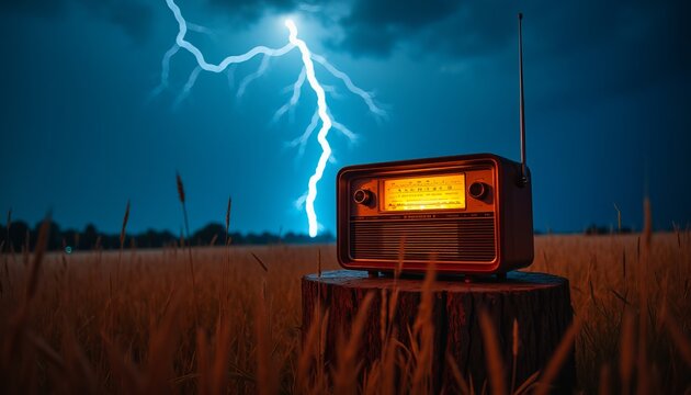 Vintage radio sits on a tree stump in a field, illuminated by a dramatic lightning storm in the background.