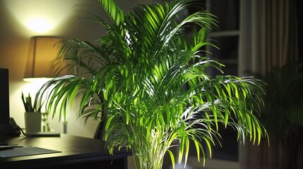 Lush Green Palm Plant in Modern Office Setting at Night