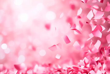 Fototapeta premium Festive abstract background with pink confetti floating in the air