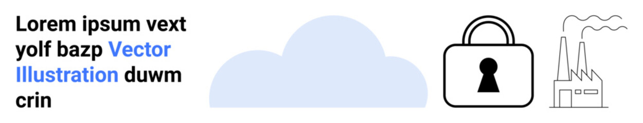 Blue cloud next to text, black padlock with keyhole, industrial factory with smoke. Ideal for technology, security, cloud storage, industrial, manufacturing, cybersecurity digital transformation