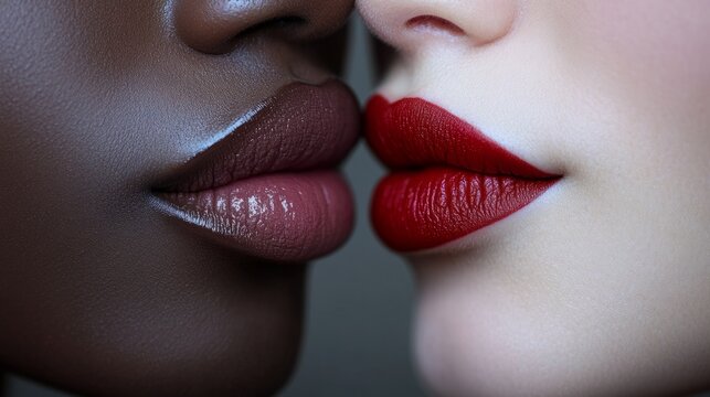 Close-up of two lips showcasing contrasting colors in a shared moment of beauty and intimacy