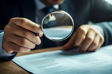 Person examines document using magnifying glass.