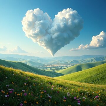 Majestic heart-shaped clouds float above the rolling hills and vast plains, fluffy, heart