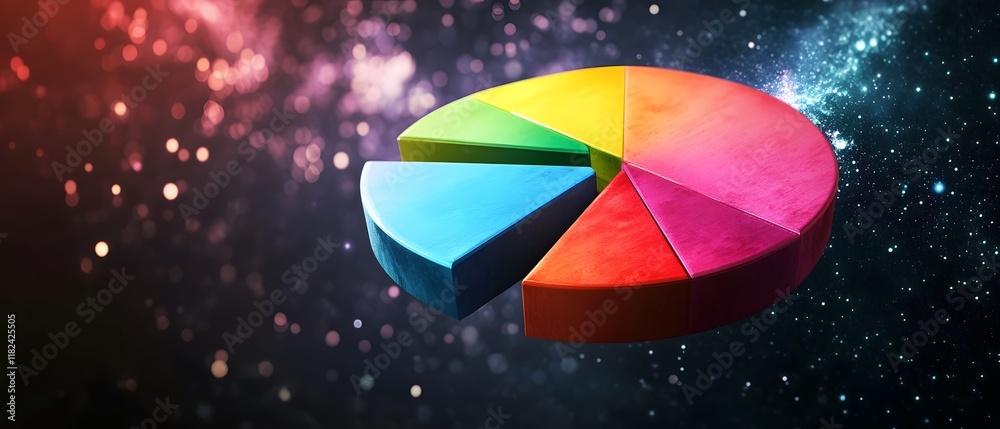 Poster a colorful pie chart floating in space, symbolizing data analysis and visualization. the vibrant col