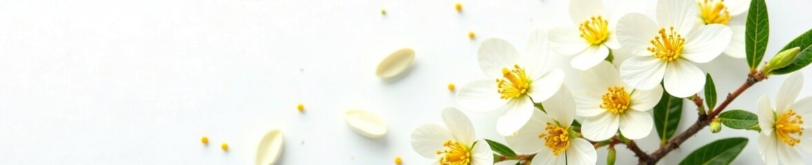Jojoba flowers on white background with stem and leaves, nature, flowers, simmondsia