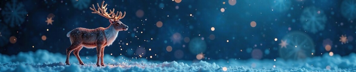 Obraz premium Sparkly swarf on a reindeer against a dark blue snowy background with scattered snowflakes and twinkling lights, snowflakes, winter, reindeer