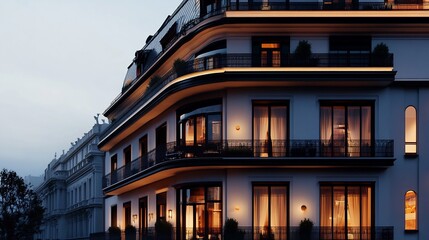 Obraz premium Elegant European-Style Apartment Building at Dusk