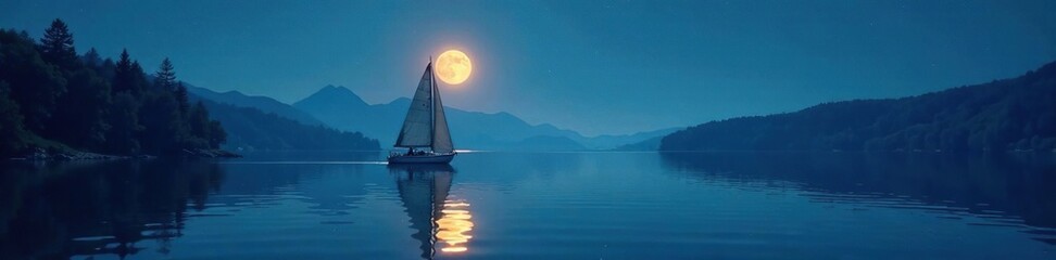 Fototapeta premium A sailboat glides effortlessly across the still surface of a moonlit lake, reflection, moonlight