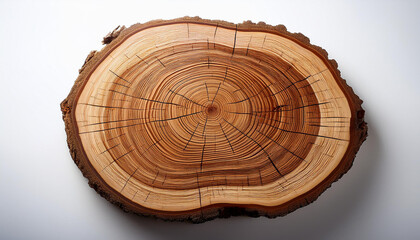 smooth cross section brown tree stump slice with age rings cut fresh from the forest with wood grain isolated on white