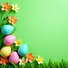 Bright green Easter background, colorful eggs, spring flowers, easter, vibrant, joy