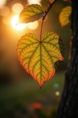 Heartleaf on a tree with warm sunlight and soft focus at dusk, foliage, evening