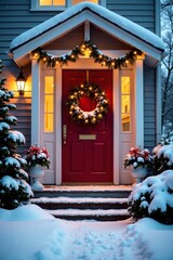 Fototapeta premium Snow-covered porch with bright Christmas wreath, exterior, doorway