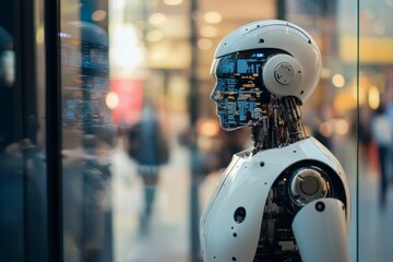 Fototapeta premium Humanoid robot, translucent face, displays code.