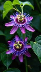 Exotic purple passion flowers unfurl in a lush green leafy stem, unfurl, botanical