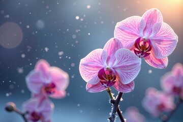 Naklejka premium Frosty morning air wraps delicate orchid stems, frozen flowers, frosty background