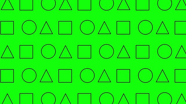 Seamless loop pattern of &ldquo;circle, triangle , square&rdquo; icons on green background. Infographic and pictogram background with stylish, dynamic symbols.  