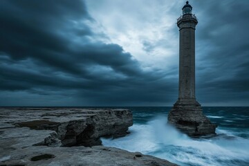 Fototapeta premium Lighthouse on dramatic coast under stormy sky. Waves crash against the rocky shore.