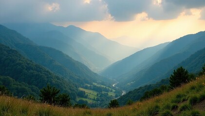 Fototapeta premium Misty morning in Galician landscape with mountains, clouds, mist, mountains