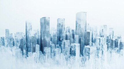 A translucent icy cityscape evokes a sense of frozen time or a futuristic metropolis. Ideal for backgrounds showcasing themes of winter, technology, or resilience.