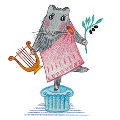 Colourful watercolour and pencils illustration of cute grey hamster in Greece pink dress with olive branch and musical instrument harp standing on the part of column with white background.